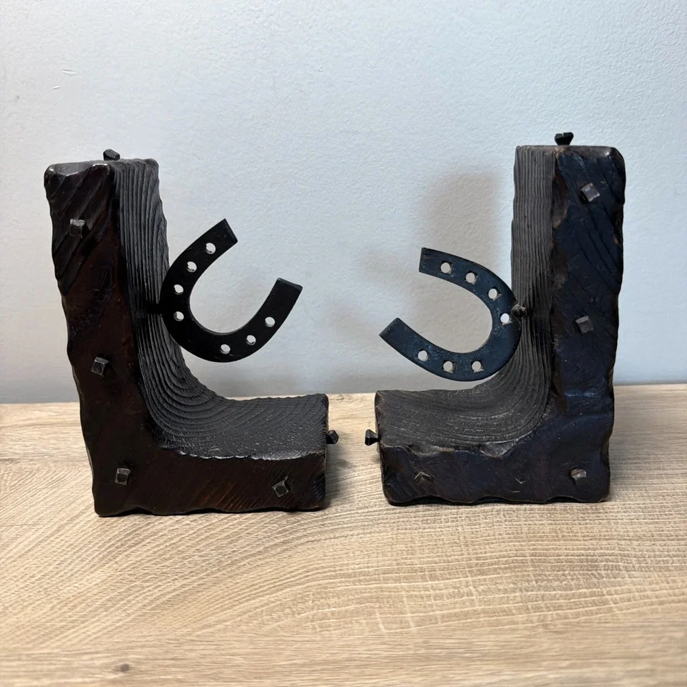 Western Horseshoe Bookends Pair Rustic Cowboy Ranch Equestrian Lodge Home Decor